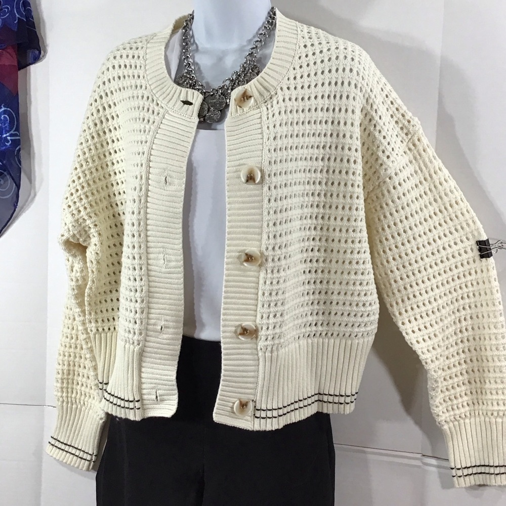 Magaschoni Ivory Knit open weave cotton Button-Up Cardigan L